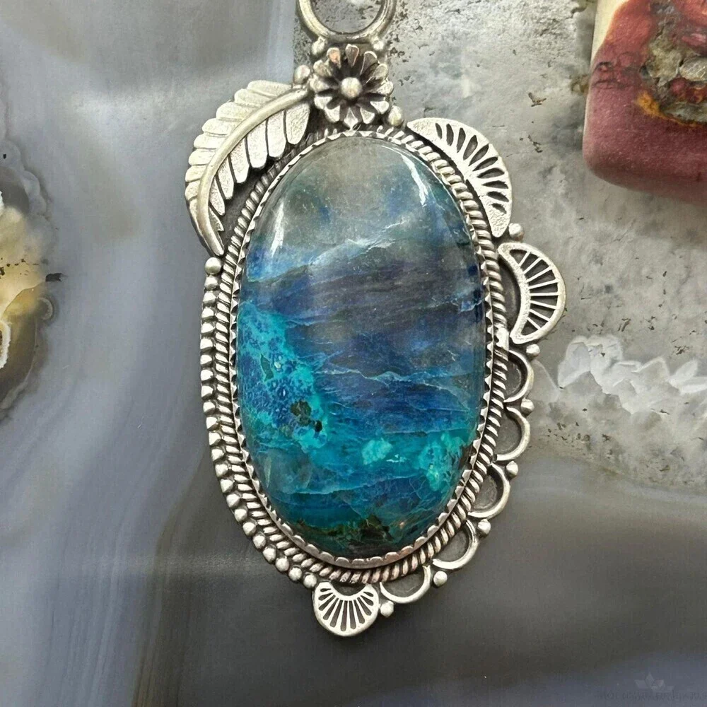Sterling Southwestern Style Elongated Shattuckite Decorated Pendant For Women